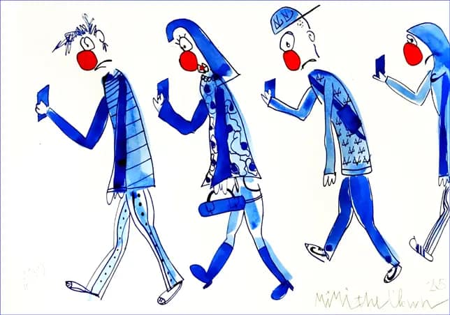 dessin de MIMI the ClowN représentant des personnages penchés sur leur smartphone, marche hypnotique en bleu et rouge.