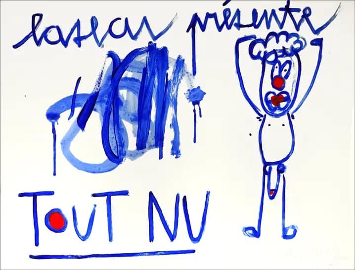 Affiche de l’exposition « Tout Nu » présentée par Lasécu à Lille, réalisée par MIMI the ClowN, dessin bleu et rouge représentant un personnage nu stylisé.