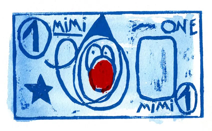 Billet d’un MIMI – œuvre d’art en linogravure bleue et rouge signée MIMI the ClowN, 2025